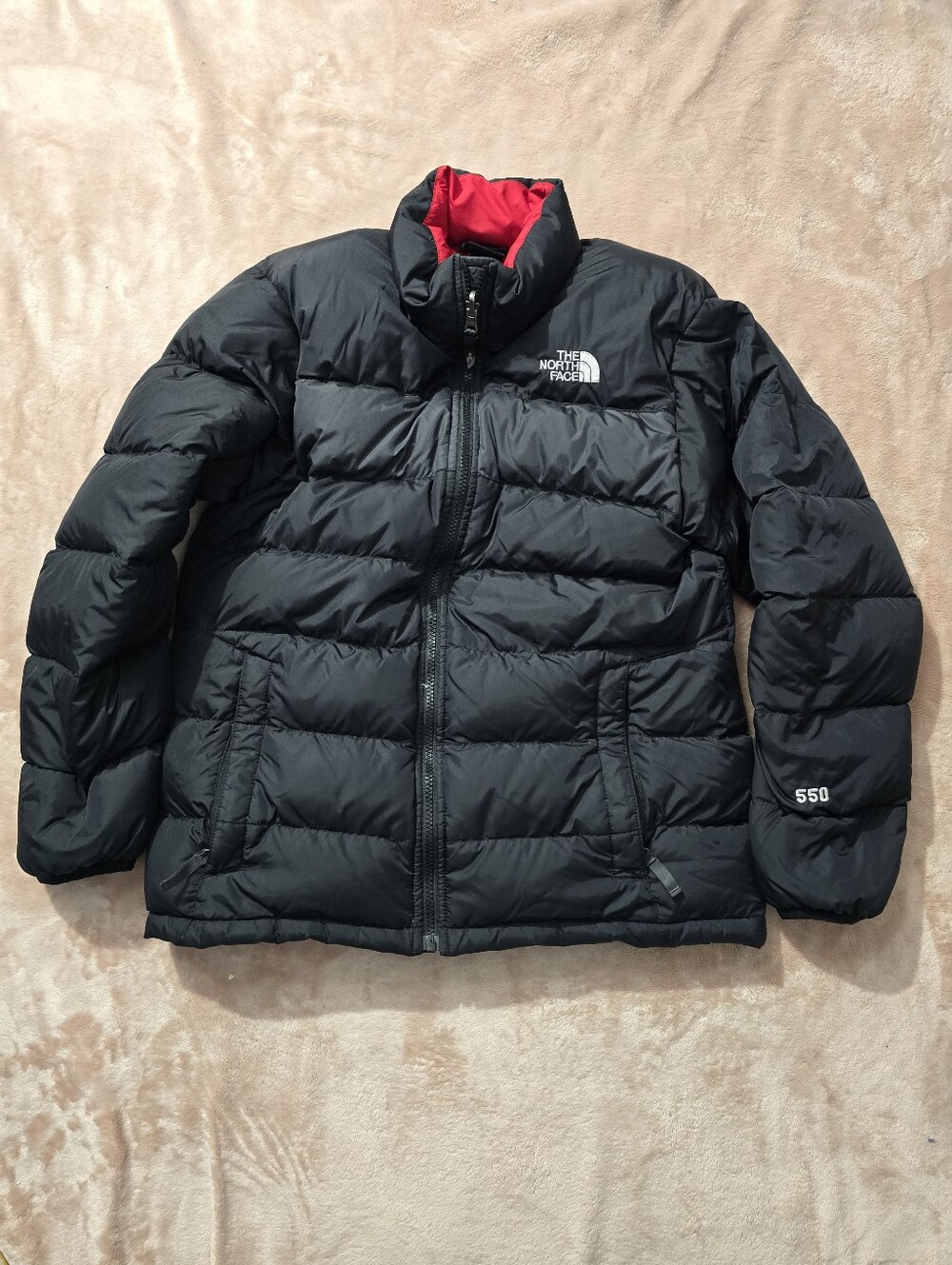 North Face boys 550 Goose Down jacket Black With Red Lining size Xlarge 18/20